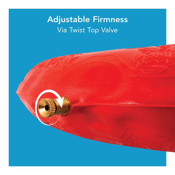 A close up of a rubber ring's valve. Text, "Adjustable firmness via twist top valve"