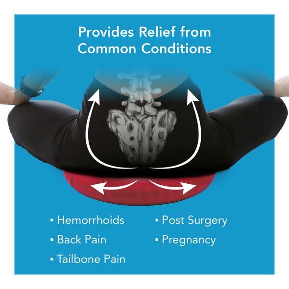 A person sitting on a rubber ring. Text, "Provides relief from common conditions"