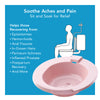A pink sitz bath. Text, "soothe aches and pain"