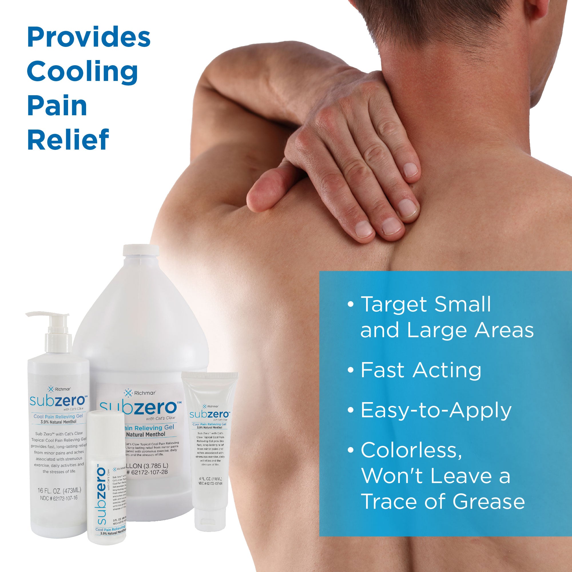Sub Zero pain relief gel next to a man in pain. Text,