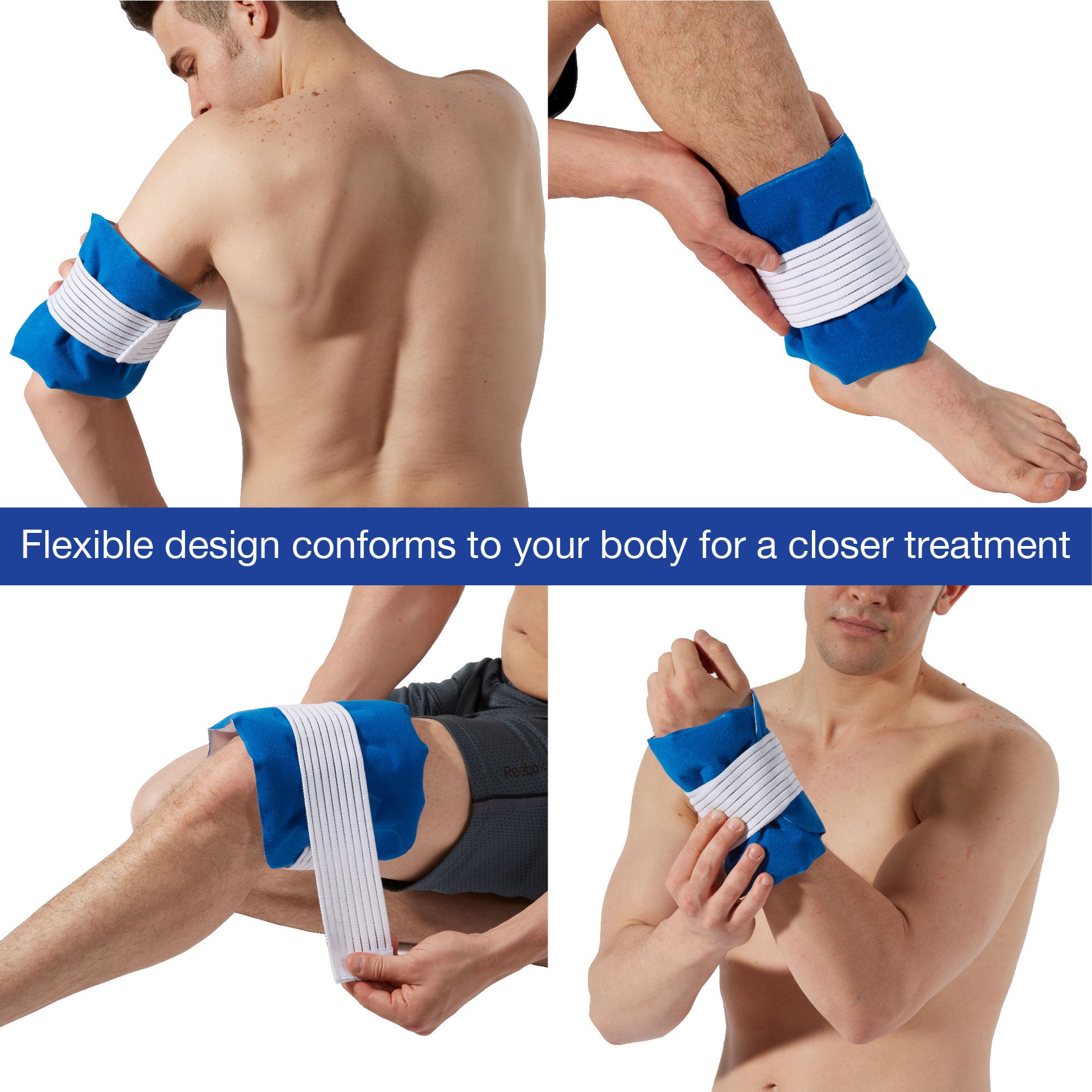 A collage of a cold wrap on various body parts. Text, 
