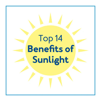 A sun graphic with text, "Top 14 Benefits of Sunlight"