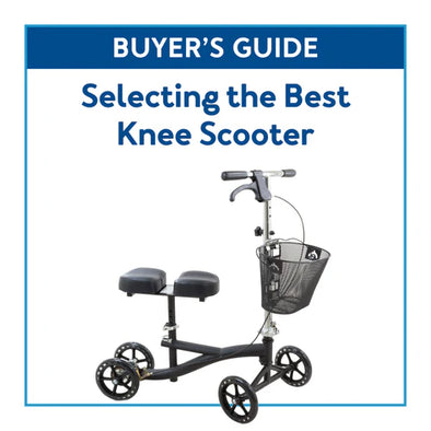 A black knee scooter with text, "Buyer's Guide: Selecting the Best Knee Scooter"