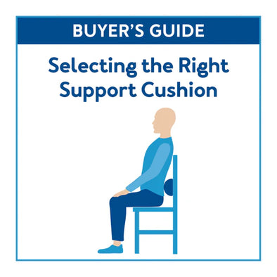A graphic of a person sitting down with a support cushion. Text, "Buyer's Guide: Selecting the Right Support Cushion"