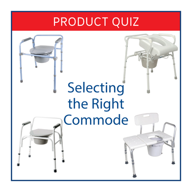 Various commodes with text, "Product Quiz: Selecting the Right Commode"