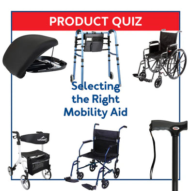 Various mobility aids with text, "Product Quiz: Selecting the Right Mobility Aid"