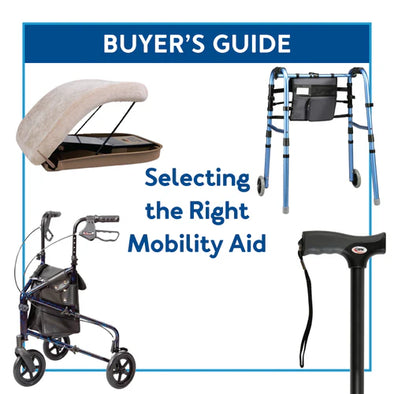 Various mobility aids with text, "Buyer's Guide: Selecting the Right Mobility Aid"