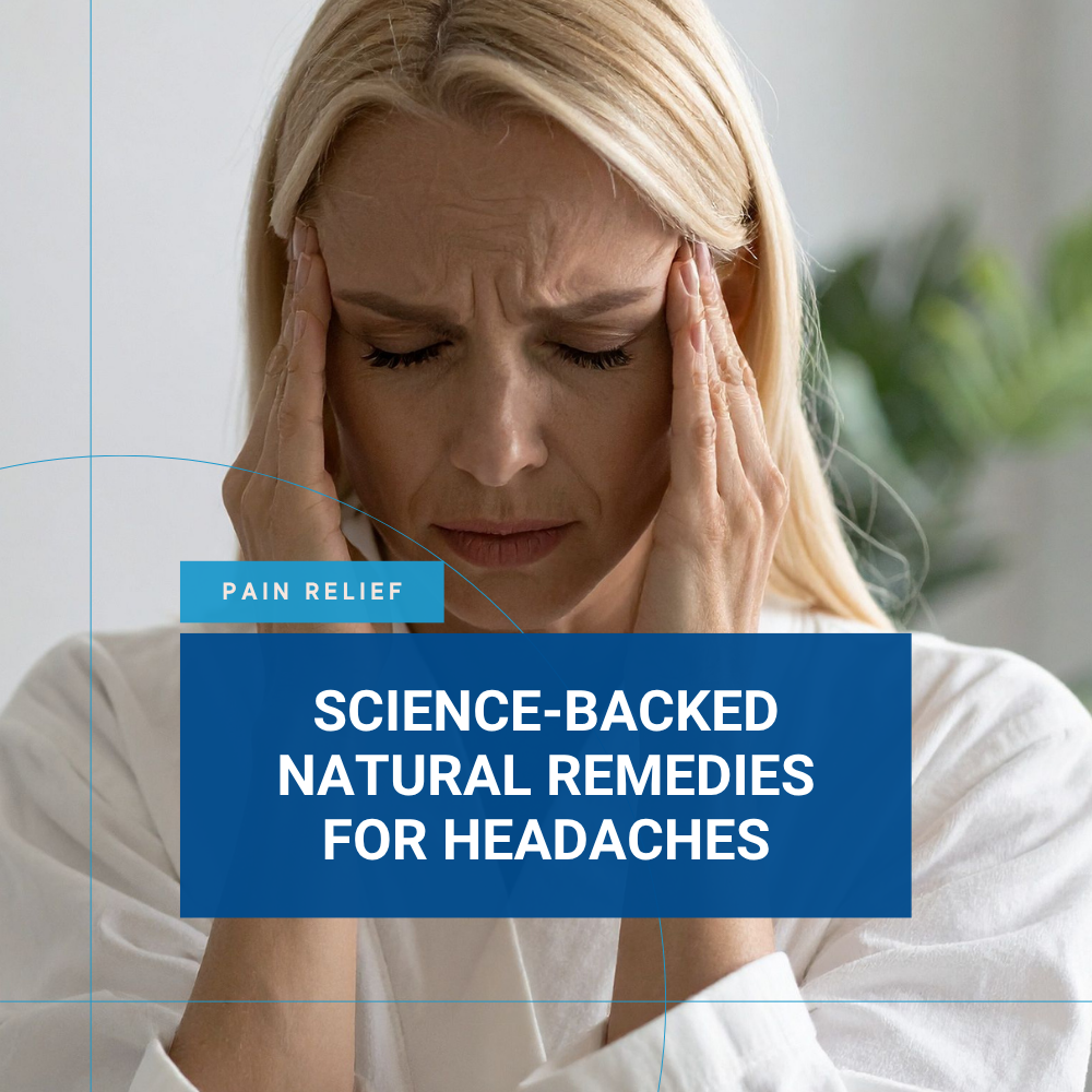 A woman holding her head in pain with text, 