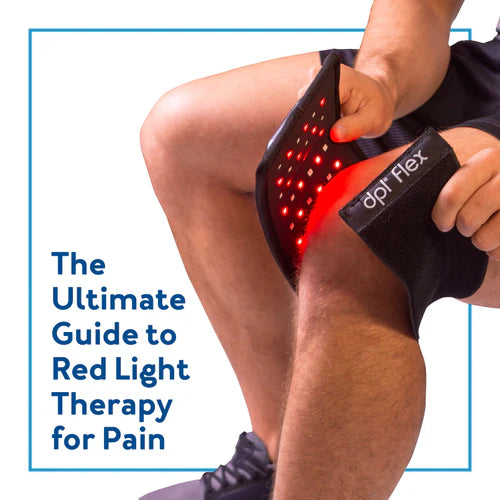 A man placing a red light therapy device over his knee. Text, 