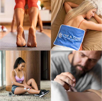 A collage of a woman doing yoga, using a hot/cold pack, a TENS unit and a man placing needles on a back