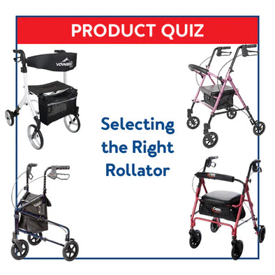 Various rollators with text, "Product quiz: selecting the right rollator"