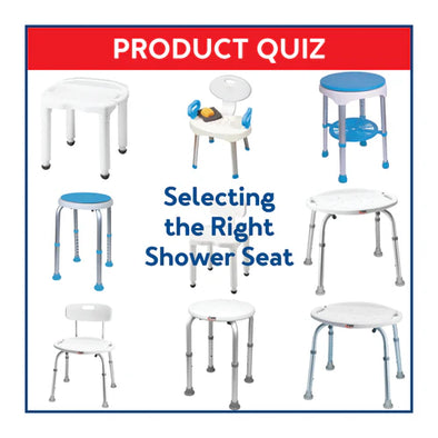 Various shower seats with text, "Product Quiz: Selecting the Right Shower Seat"