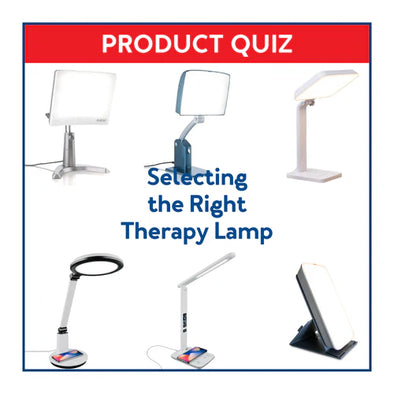 Various light therapy lamps with text, "Product quiz: selecting the right light therapy lamp"