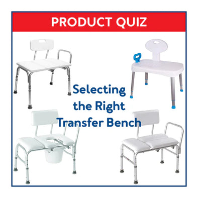 Various transfer benches with text, "Product Quiz: Selecting the Right Transfer Bench"