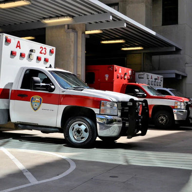 An ambulance parked in a garage