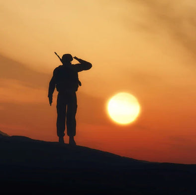 A soldier saluting in front of the sun