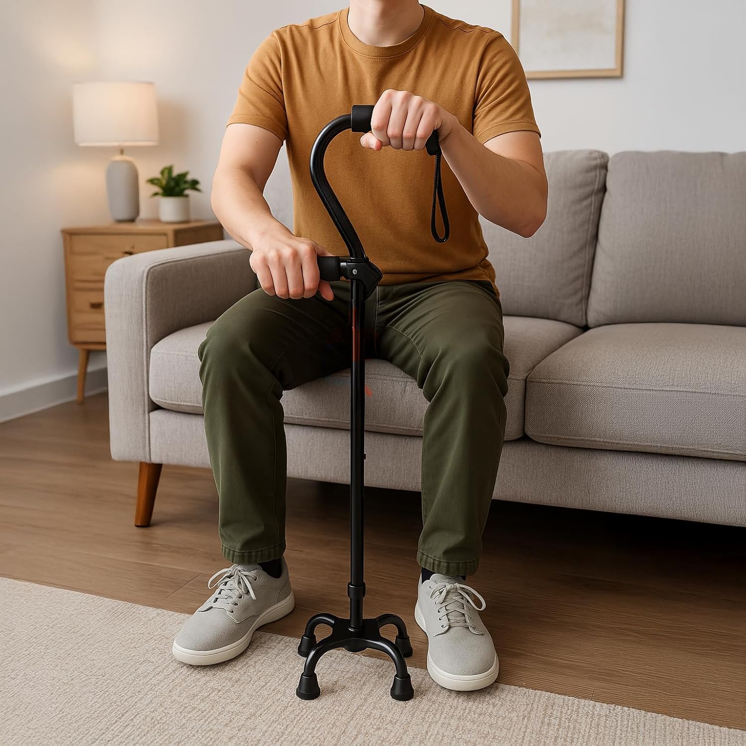 A man holding an uplift walking cane while sitting on a couch