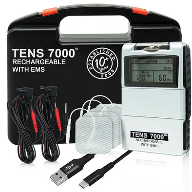 A gray TENS and EMS combo unit with accessories