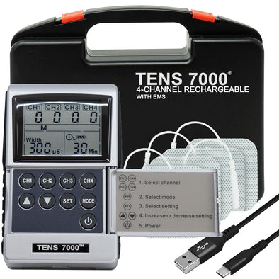 A TENS and EMS combo unit with its accessories