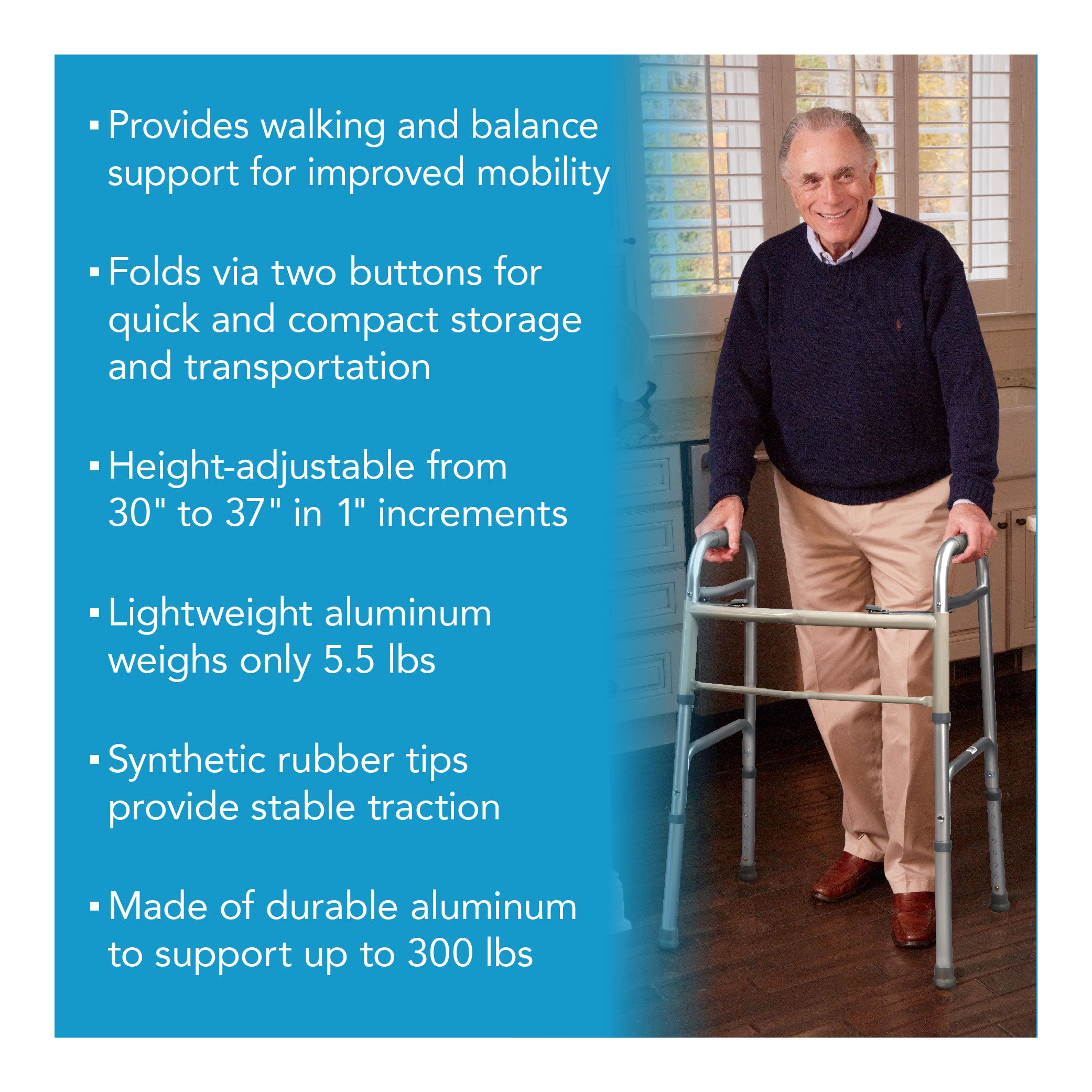A man walking with a folding walker in his home. Text, explaining its features and benefits as described in the product listing.