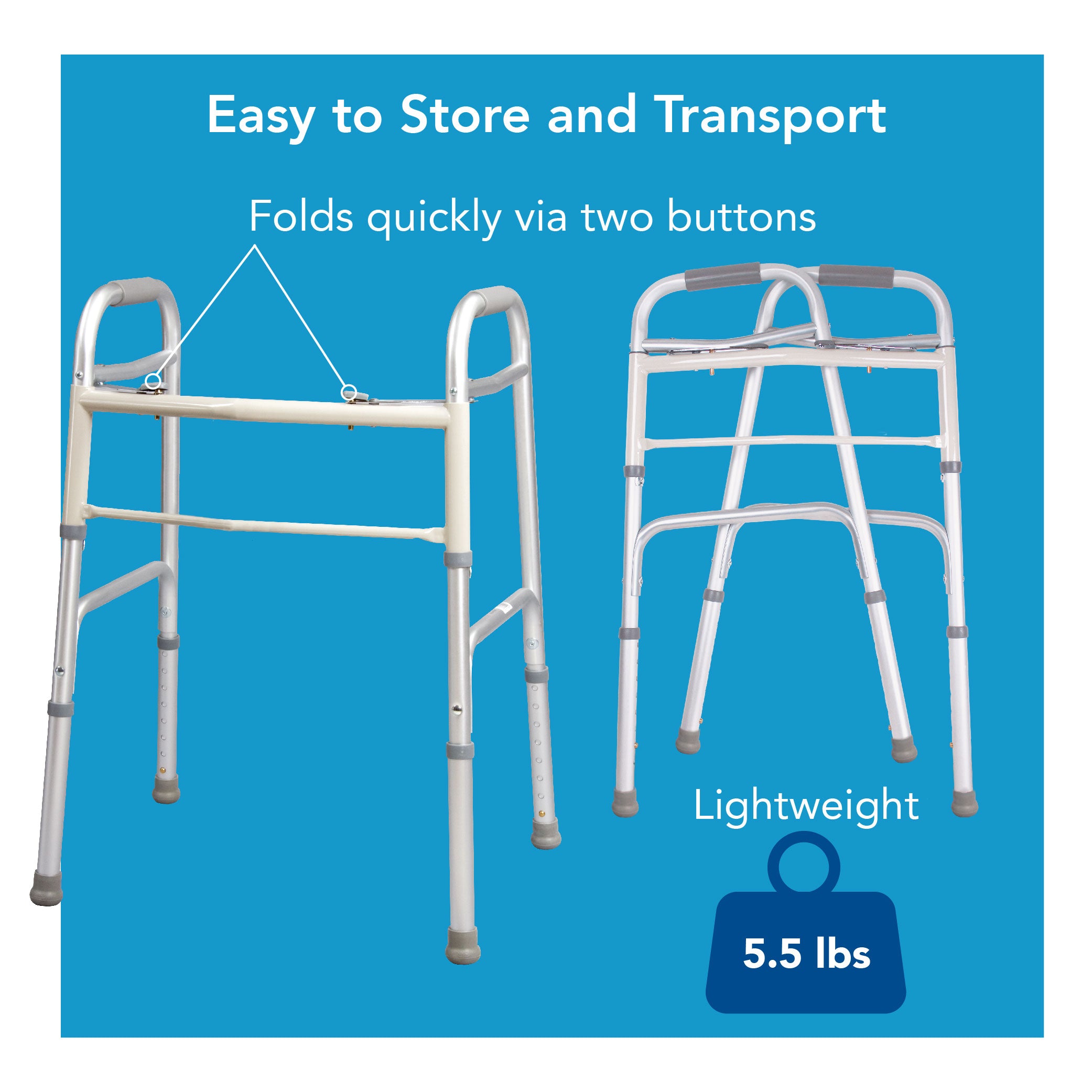 A folding walker next to the same walker folded up. Text, 