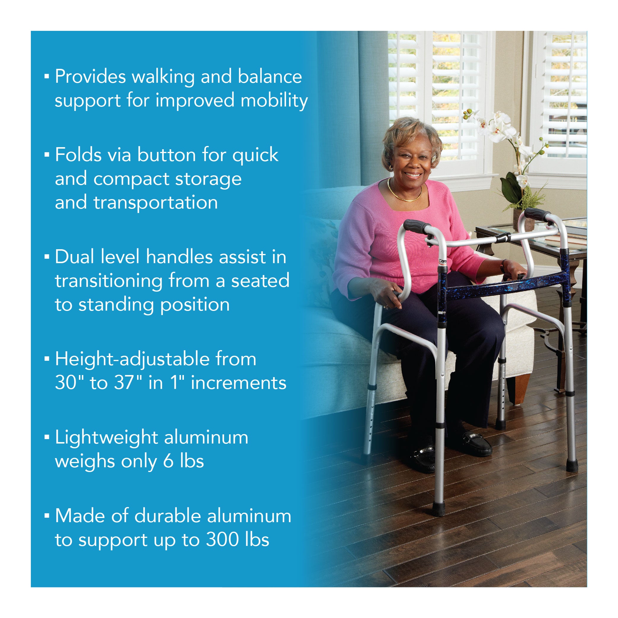 A woman sitting in front of an uplift walker. Text showing its features and benefits as mentioned in the product description.
