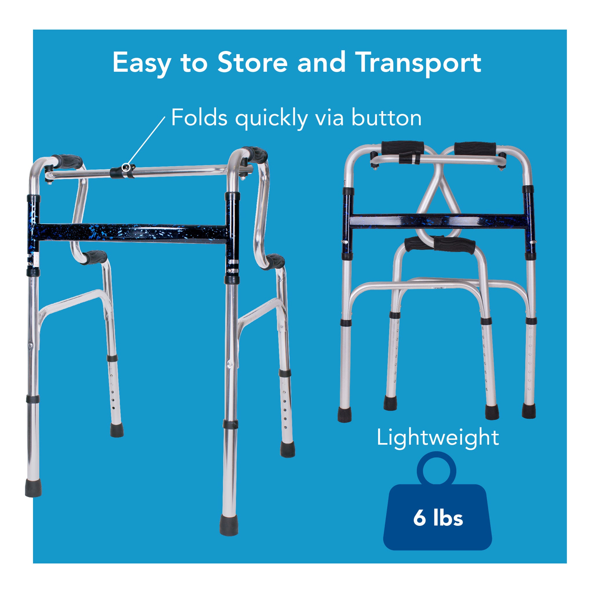 An uplift walker next to the same walker folded. Text, 