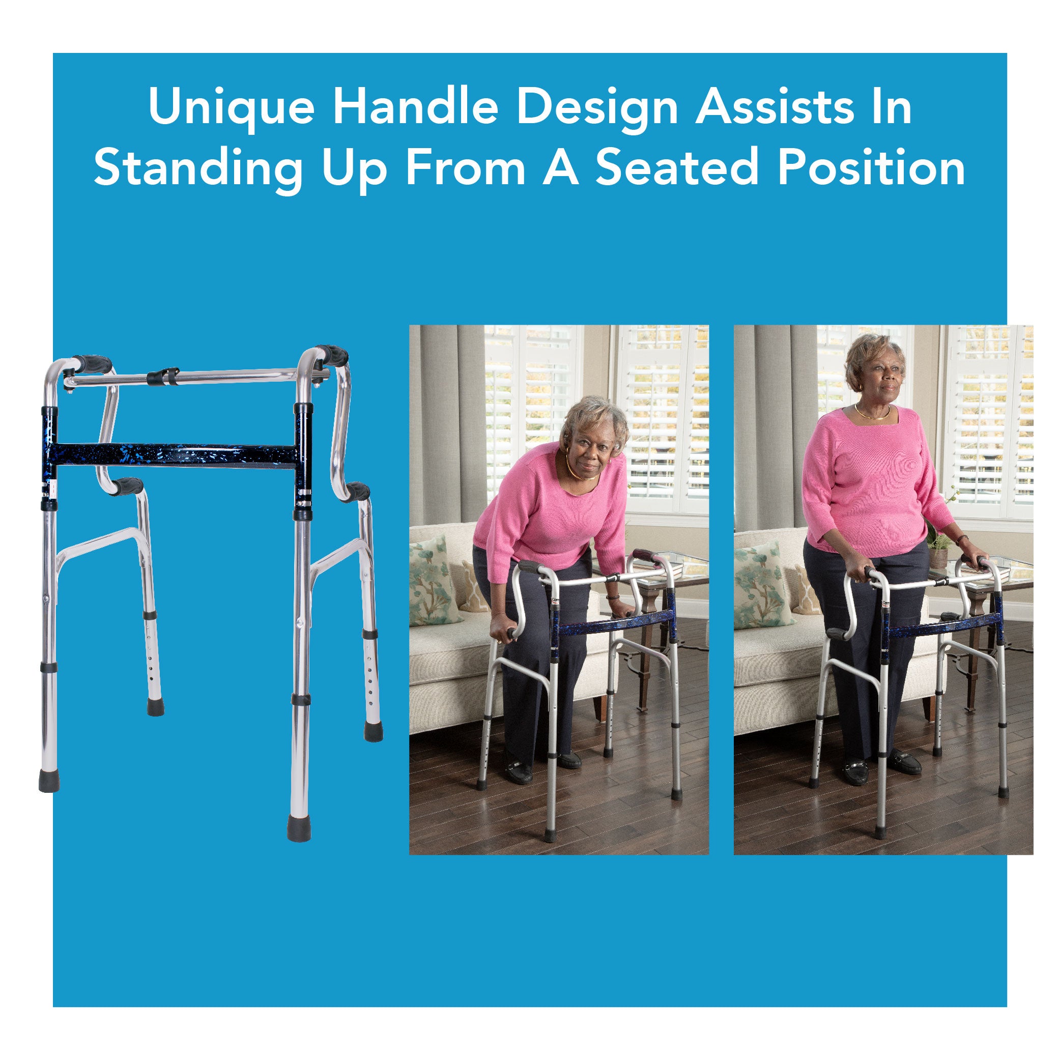 A uplift walker next to two images of an elderly woman using it to stand up. Text, 