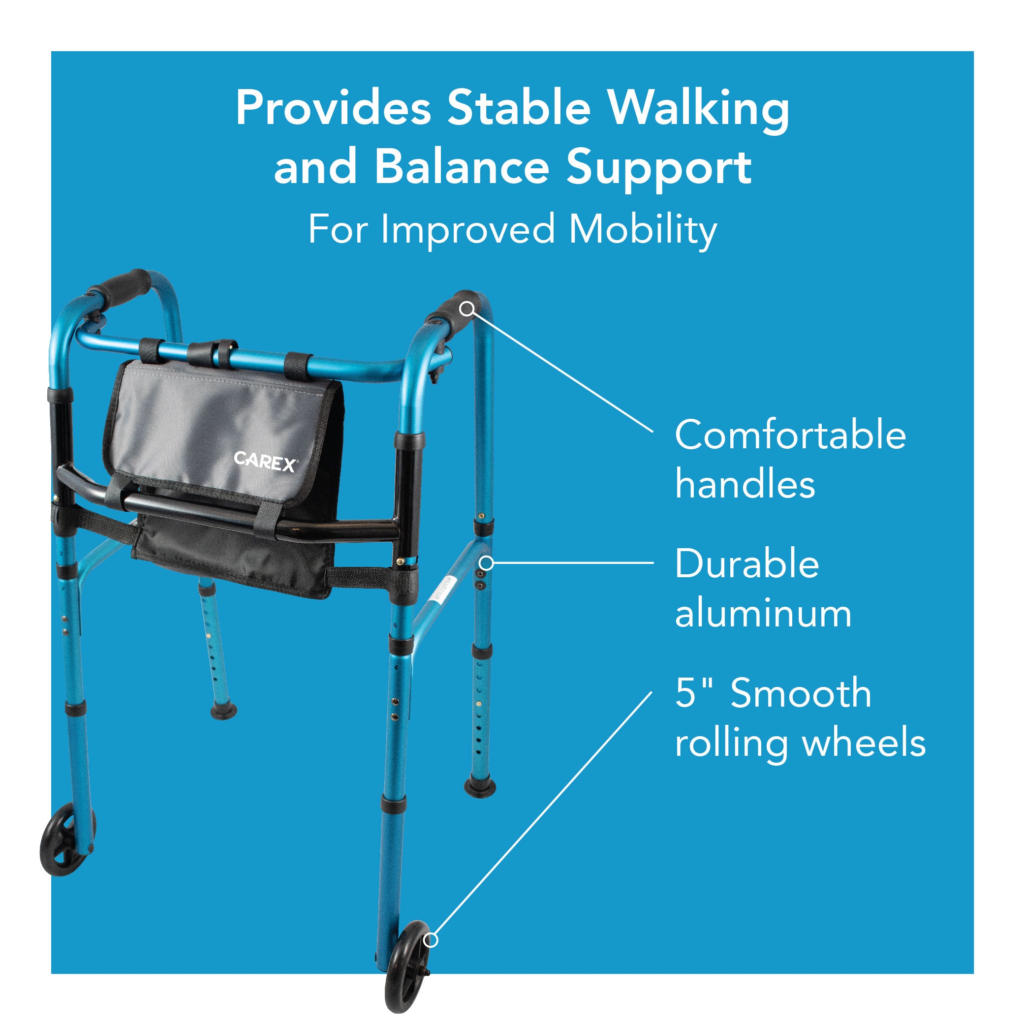 A blue folding walker with text, 
