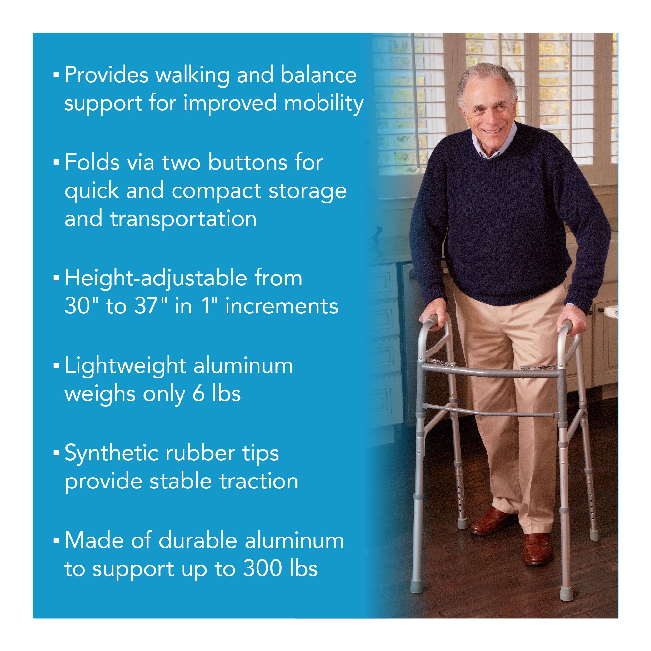 An elderly man walking with a folding walker in his home. Text explaining the features and benefits as mentioned in the product description.