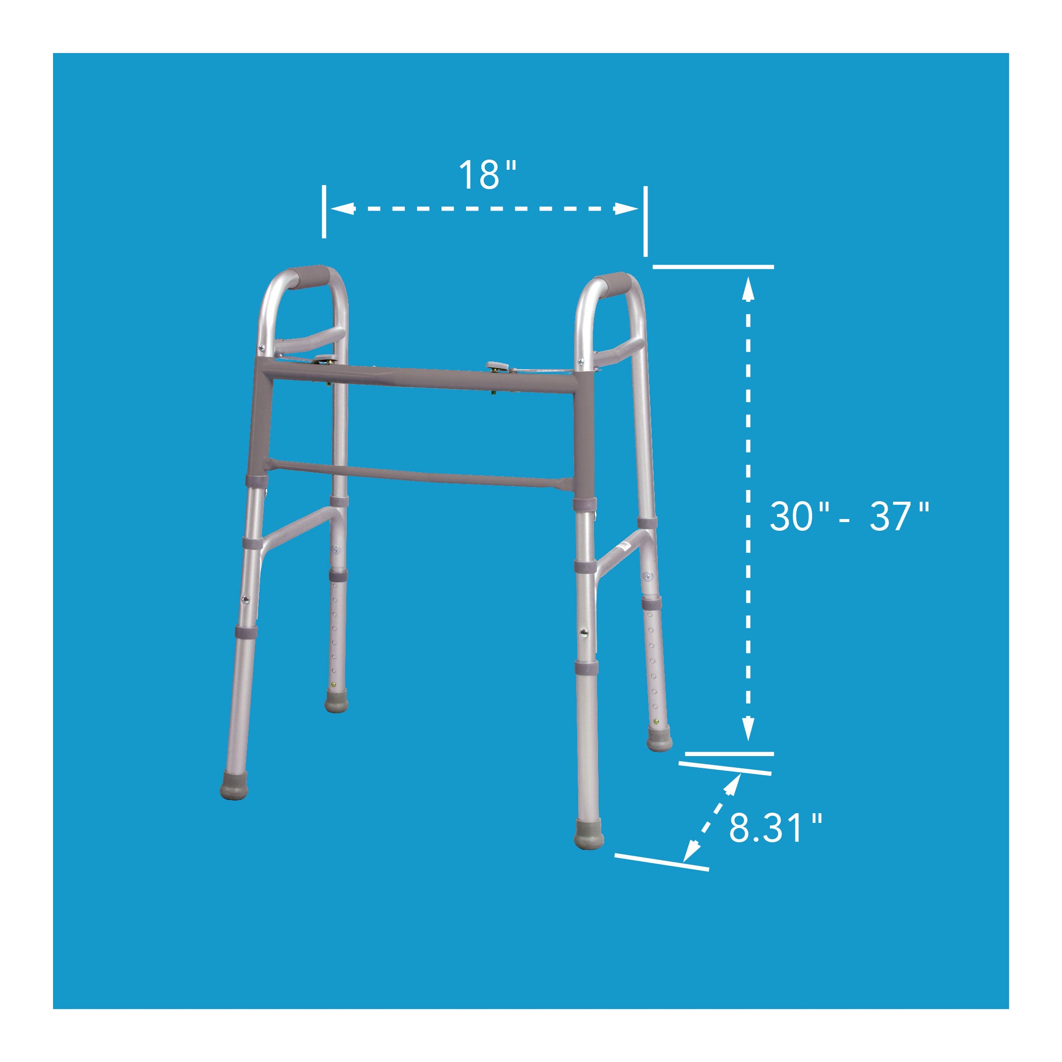 A folding walker with its dimensions outlined. 30