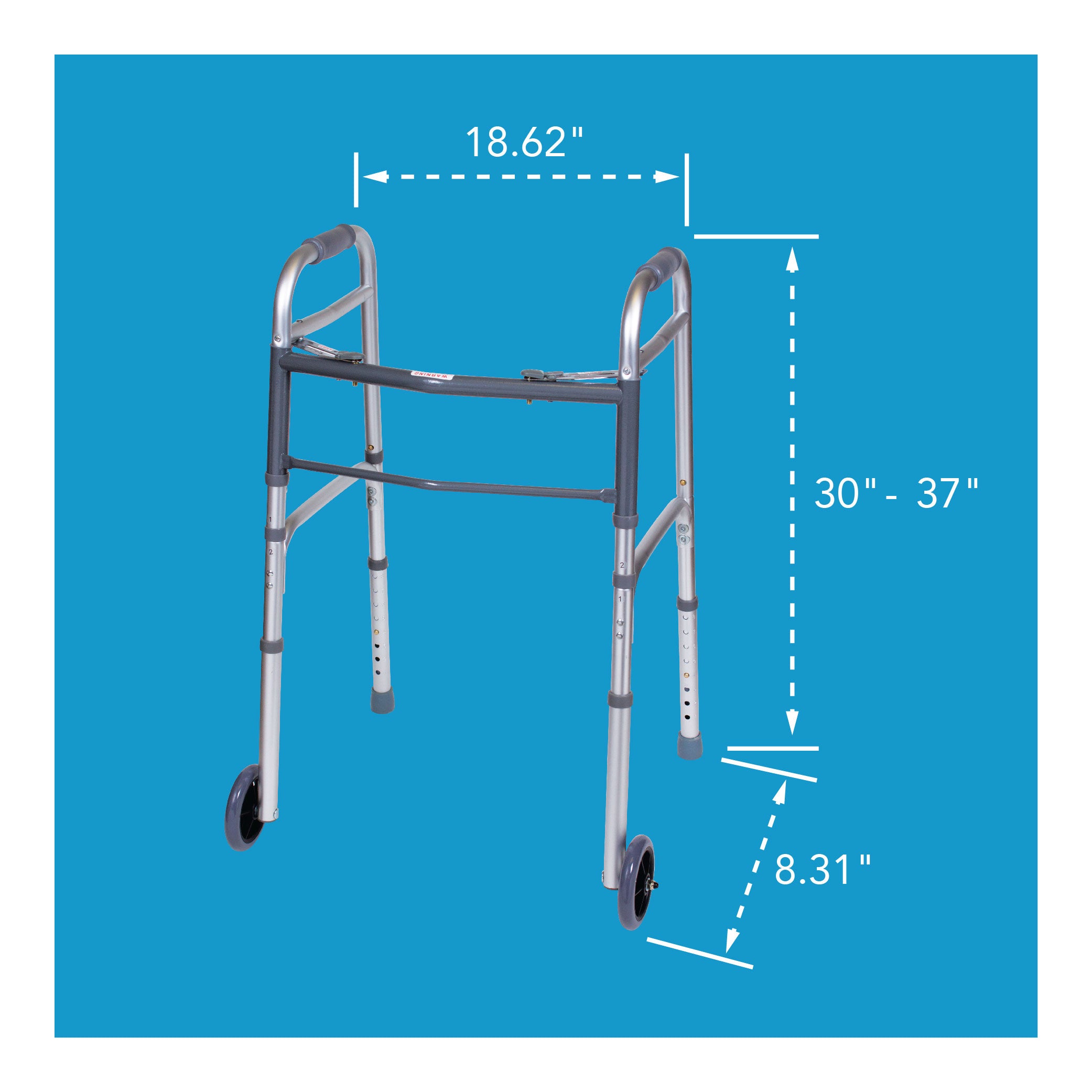 Folding walker with wheels and dimensions outlined. 30-37