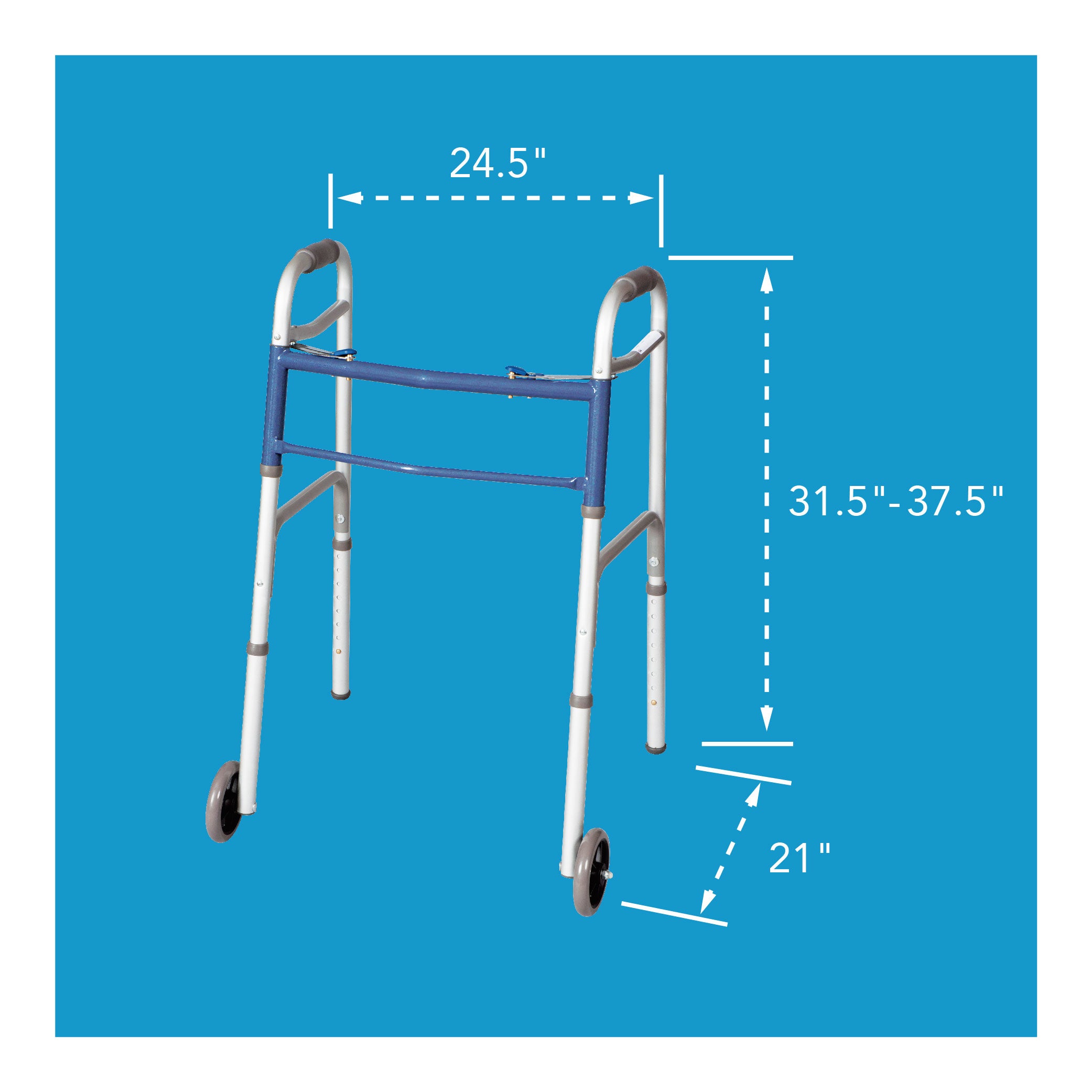 A folding walker with wheels next to size dimensions. 31.5