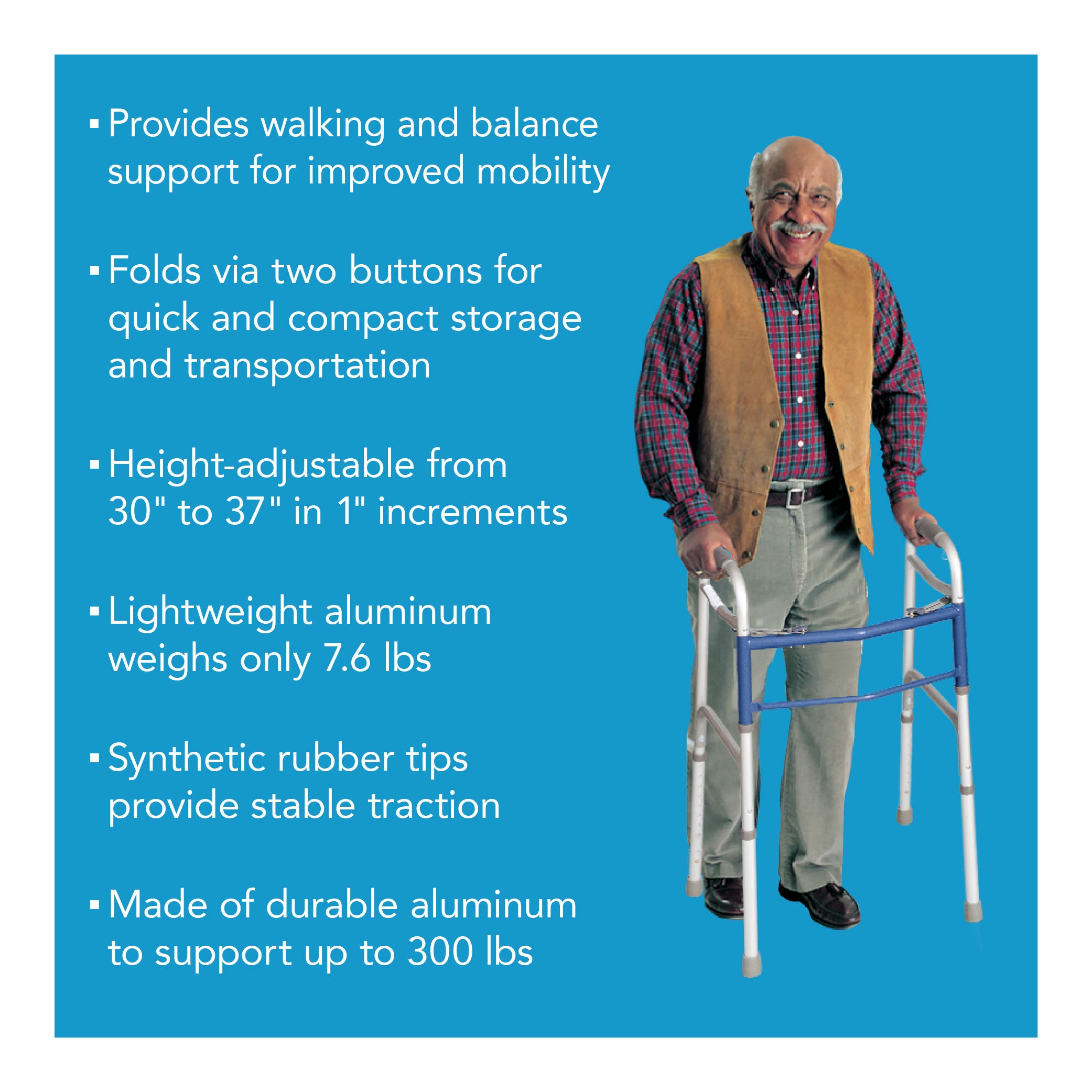An elderly man walking with a dual button walker. Text showing the product's features and benefits mentioned in the listing.