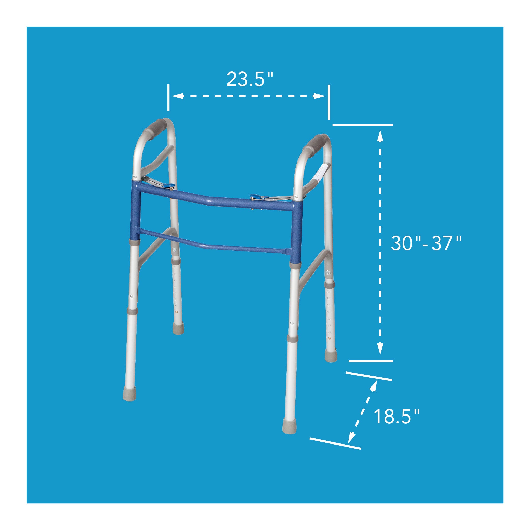 Dual-button walker with size dimensions. 30-37