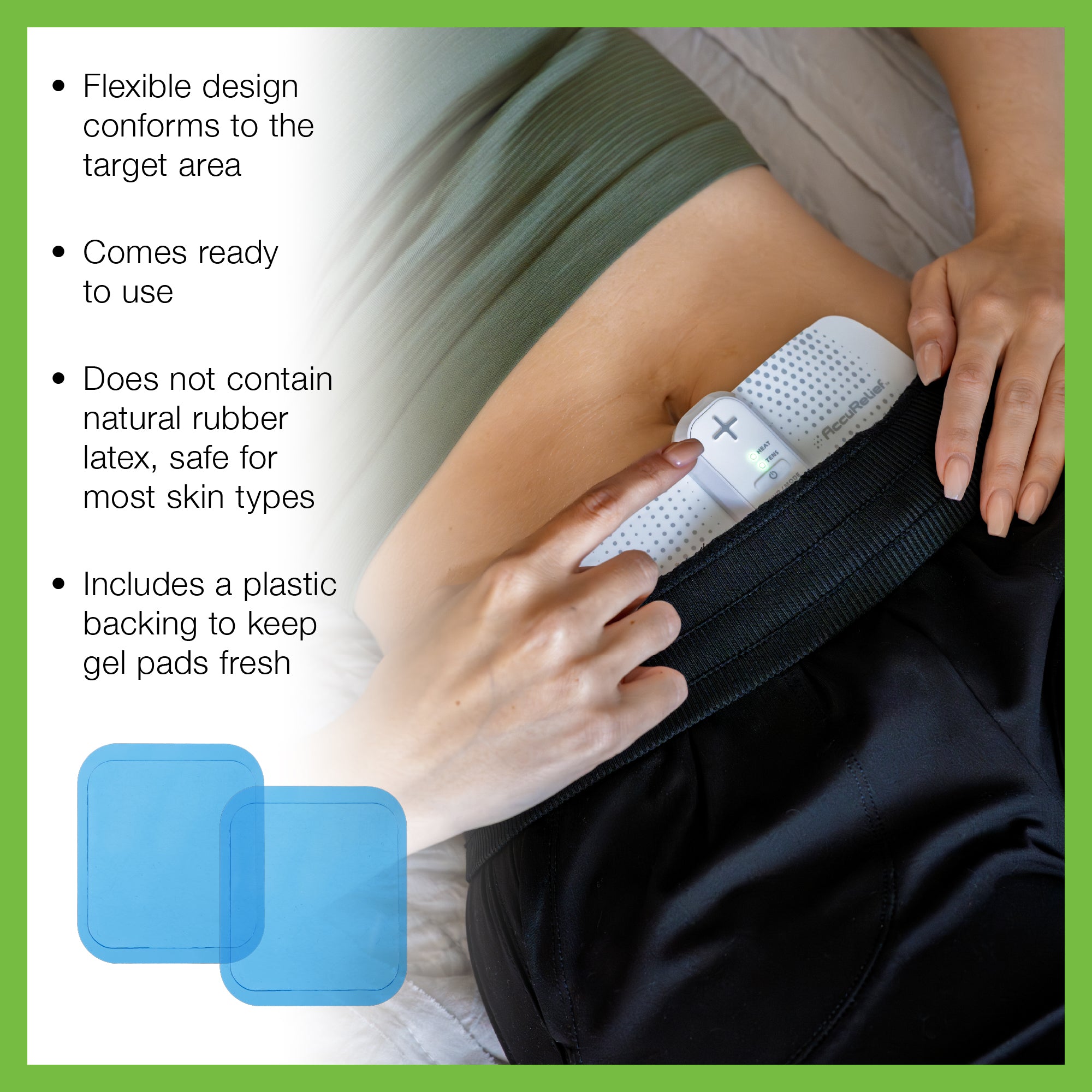 Person applying a medical device to their arm with text highlighting features.