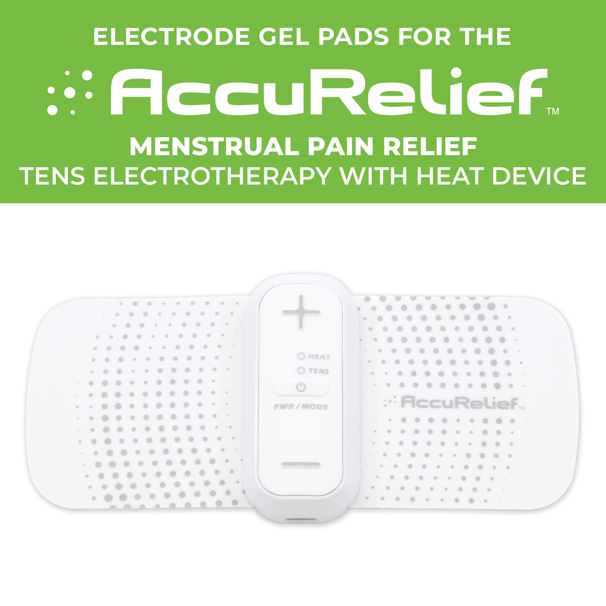 AccuRelief menstrual pain relief device with gel pads on a white background