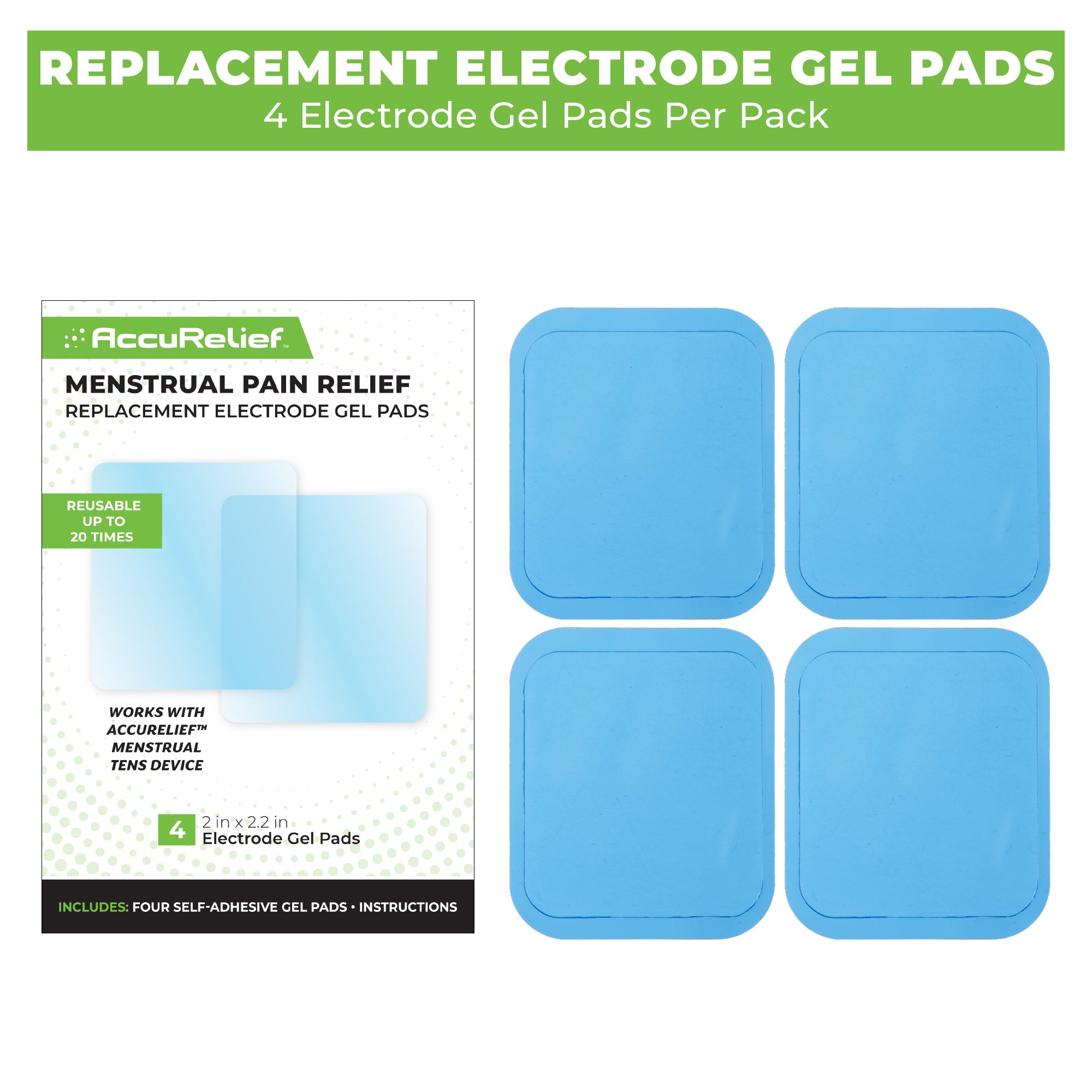 AccuRelief menstrual pain relief replacement electrode gel pads packaging with four blue gel pads.