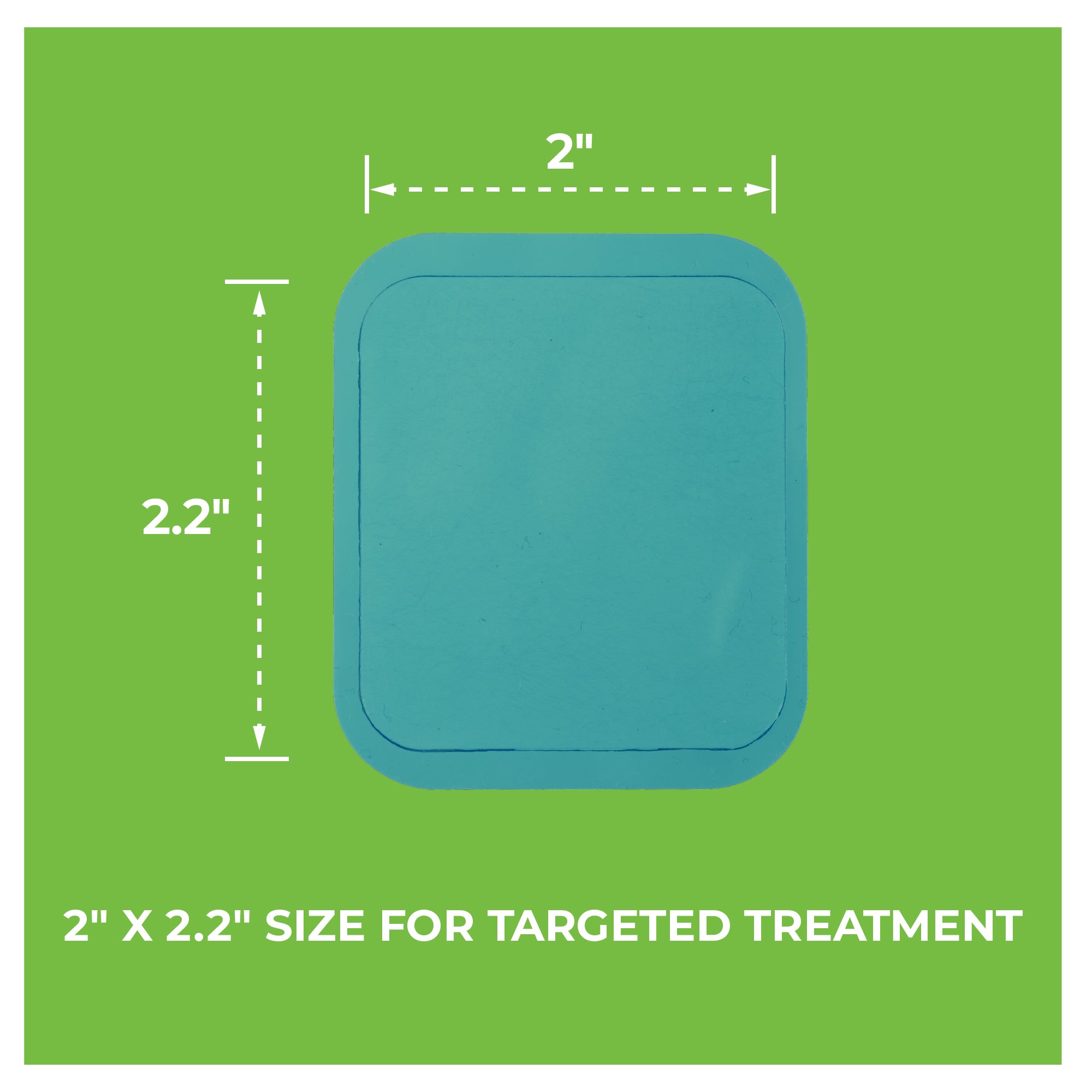 Teal square patch with dimensions on a green background