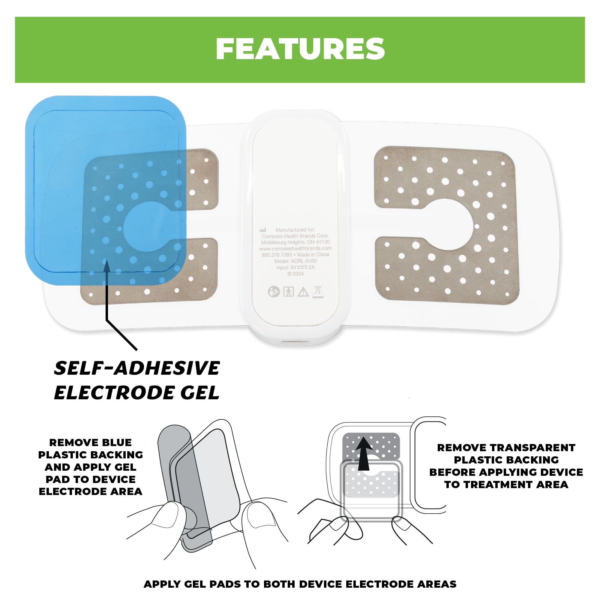 Diagram of self-adhesive electrode gel pads with instructions on application.