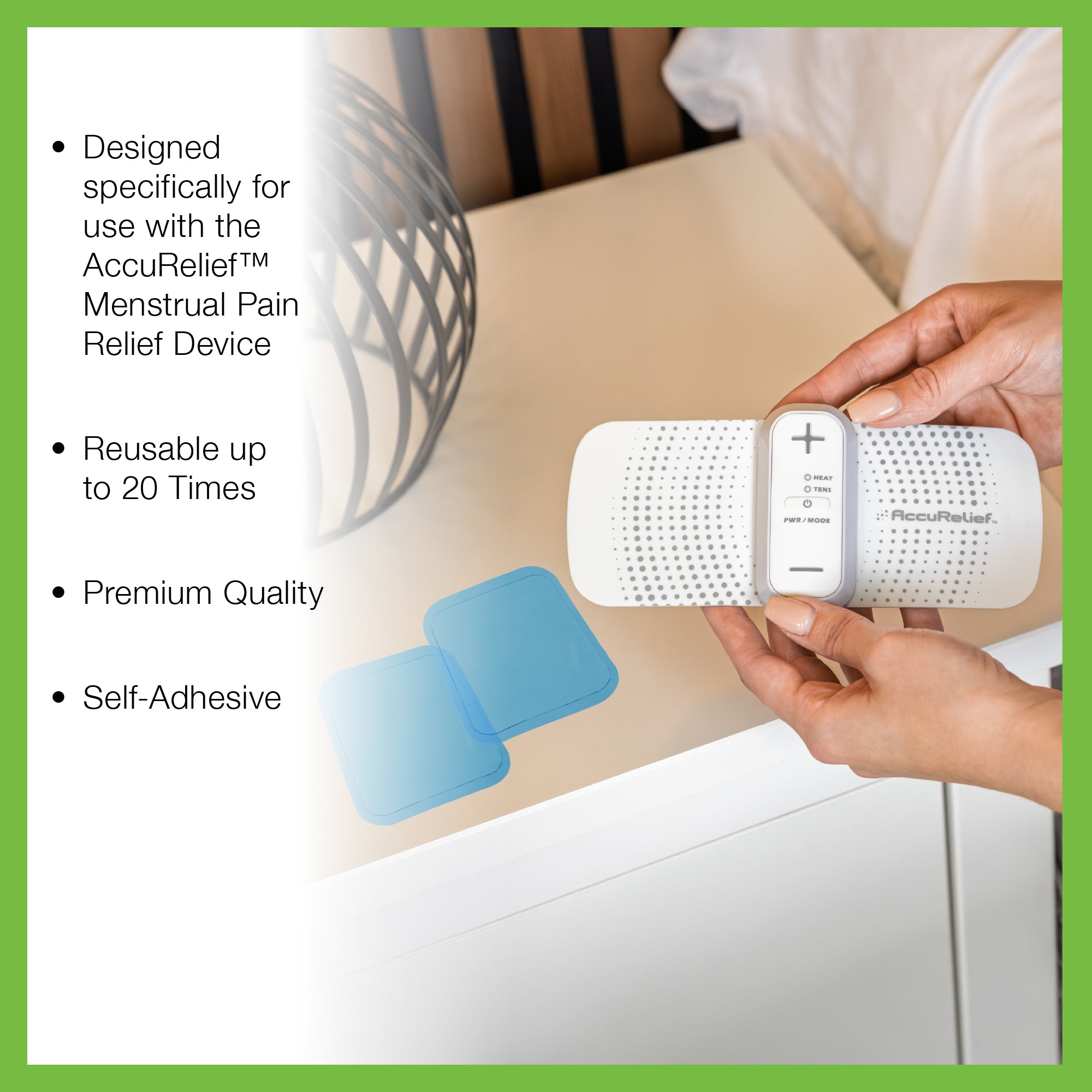 Menstrual pain relief device held by a hand with text on its use and features.