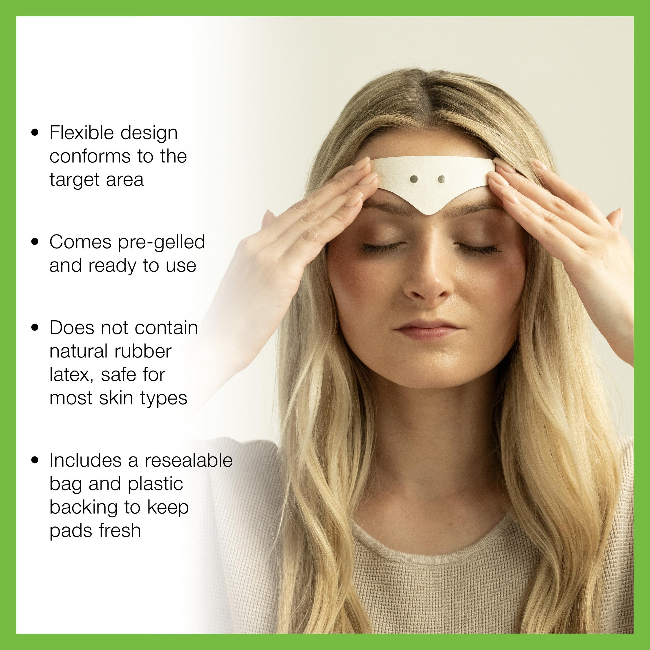 Woman applying a gelled pad to her forehead with product features listed on the left.