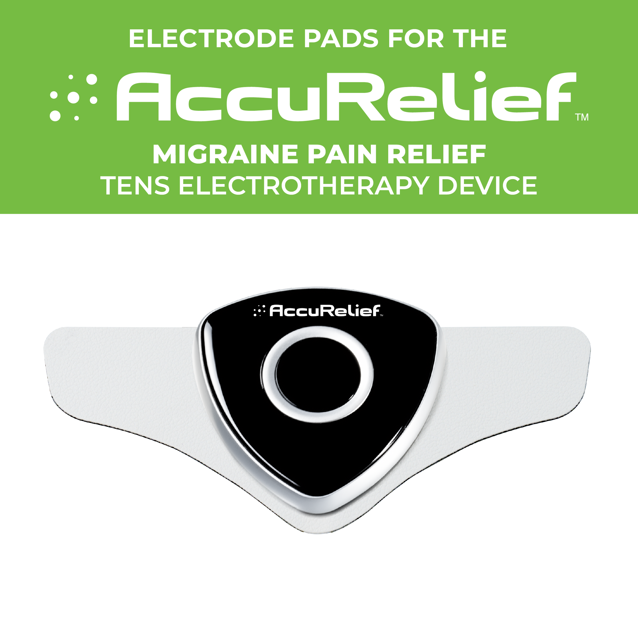 AccuRelief migraine pain relief device with electrode pads on a white background