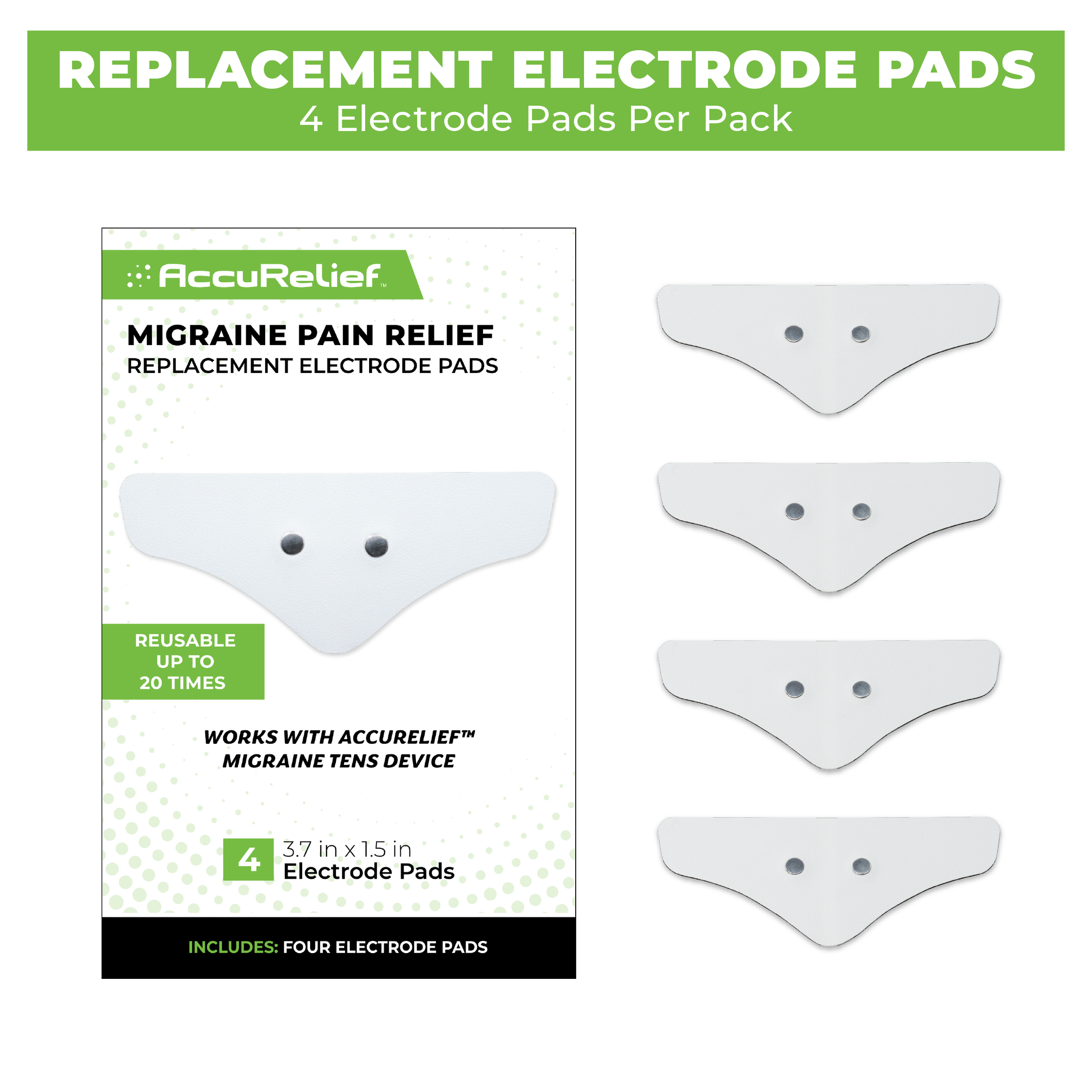 AccuRelief migraine pain relief replacement electrode pads packaging with four pads displayed.
