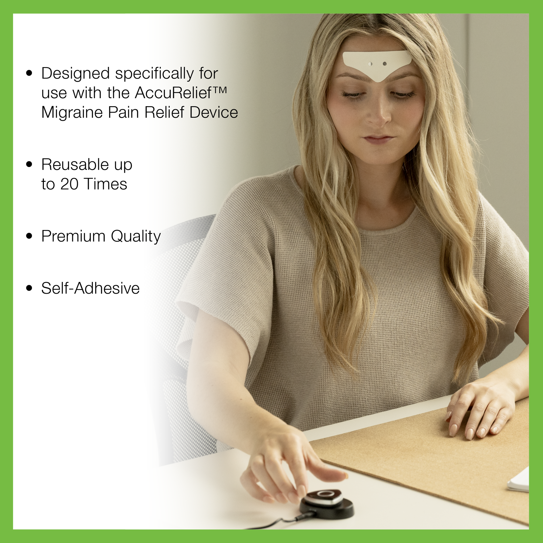 Woman using a migraine pain relief device with text highlighting features on a green border.