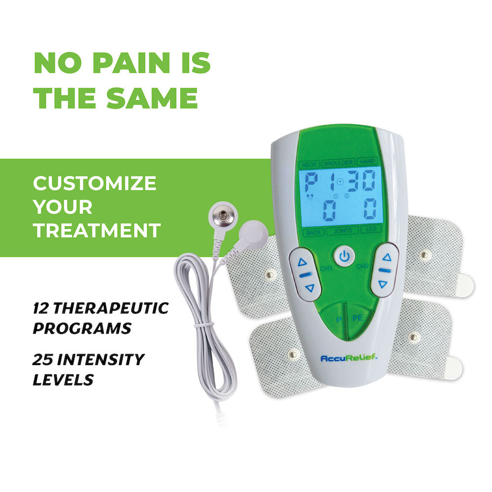AccuRelief TENS Unit Muscle Stimulater Pain Relief System - Electric Muscle  Stimulator with Electrodes for Neck, Back, and Full Body, White and Blue