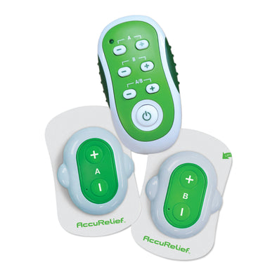 A green wireless TENS unit with electrodes