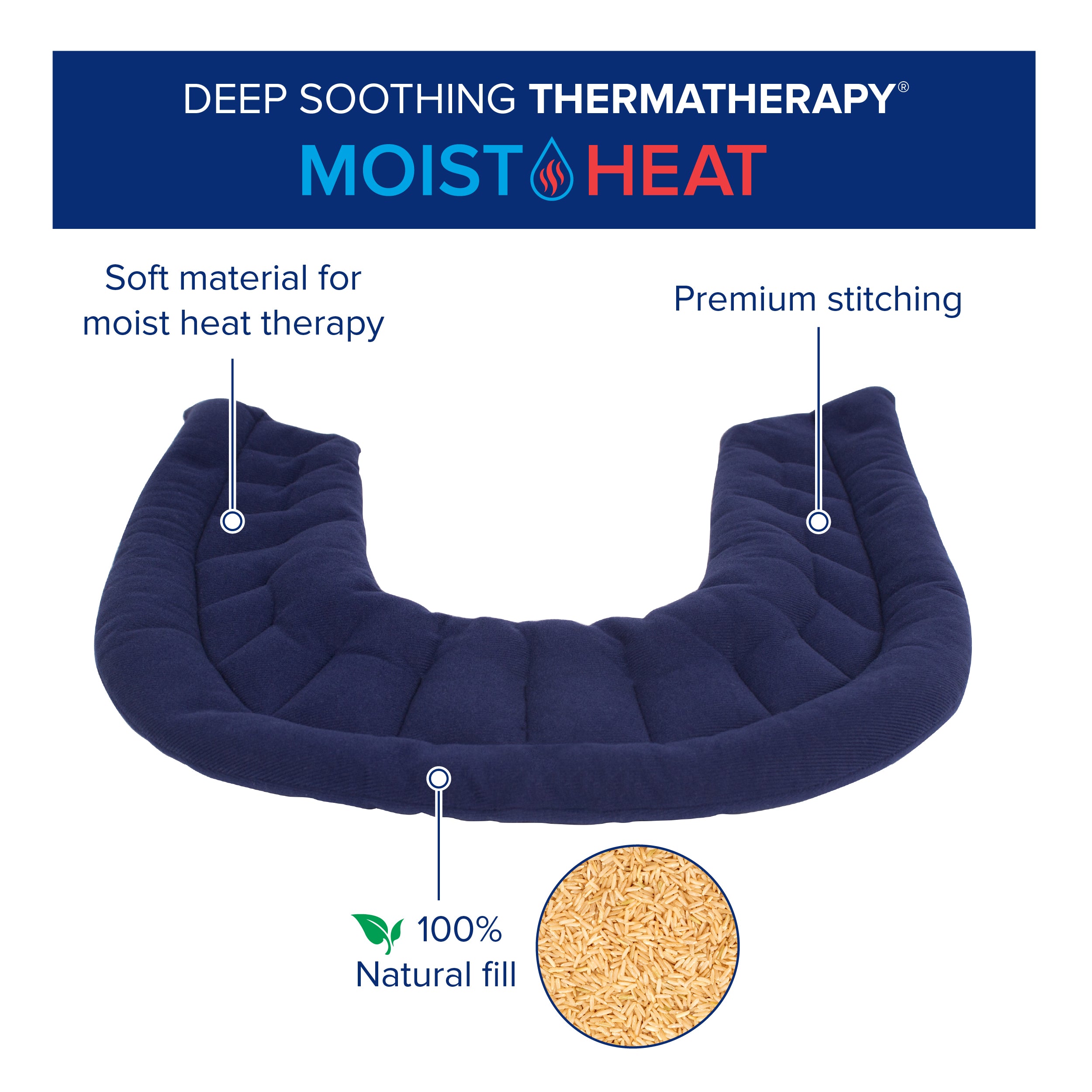 Navy blue moist heat therapy wrap with text highlighting features on a white background