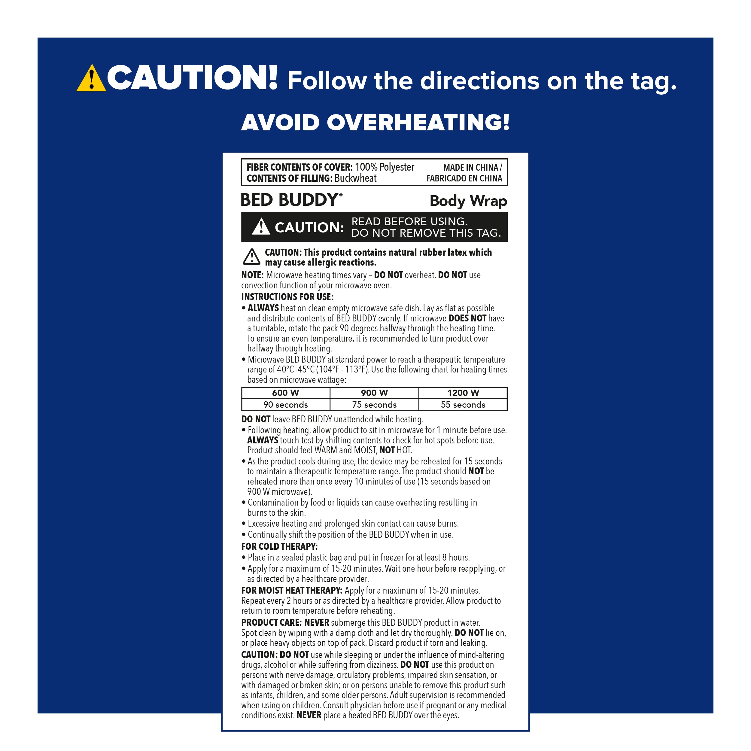 Instructional label for a product with text and warnings on a blue background