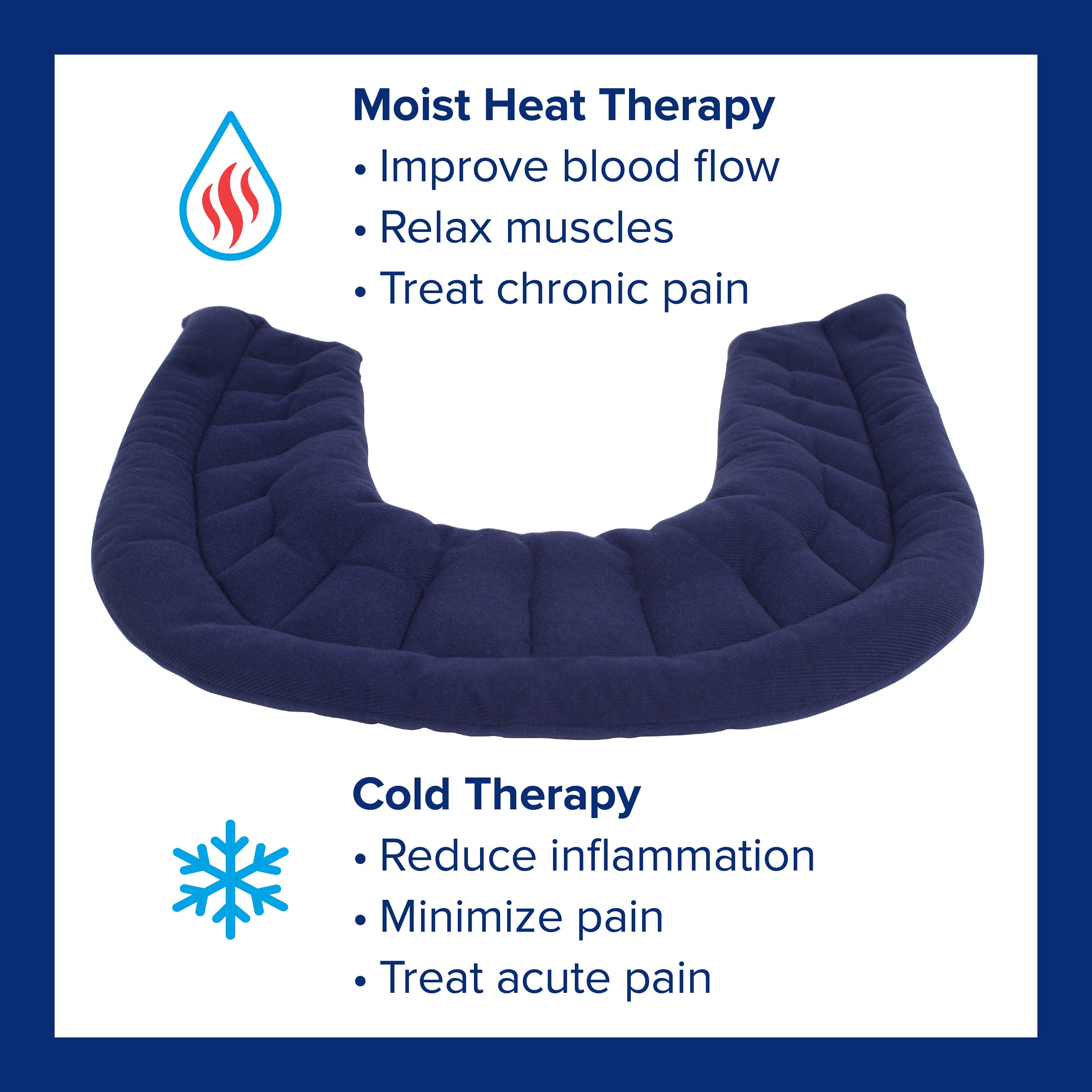 Navy blue heating pad with text on moist heat therapy and cold therapy benefits.
